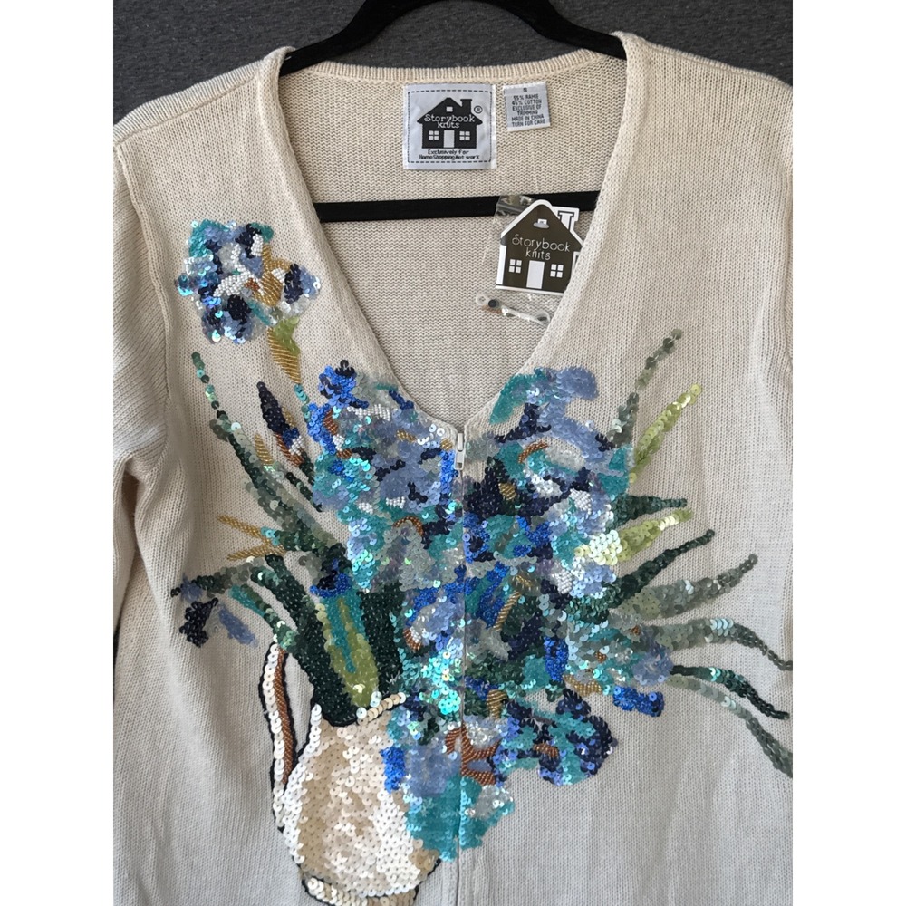 Storybook Knits Floral Sequin Beaded Zip Front Cardigan Sweater Cream Small NWT - Picture 2 of 11